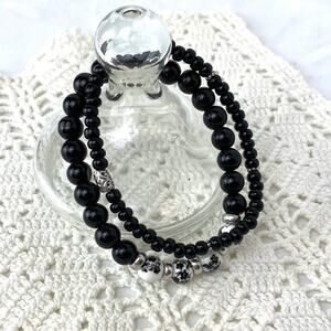 Floral Silver Black Beaded Stackable Bracelets Dainty